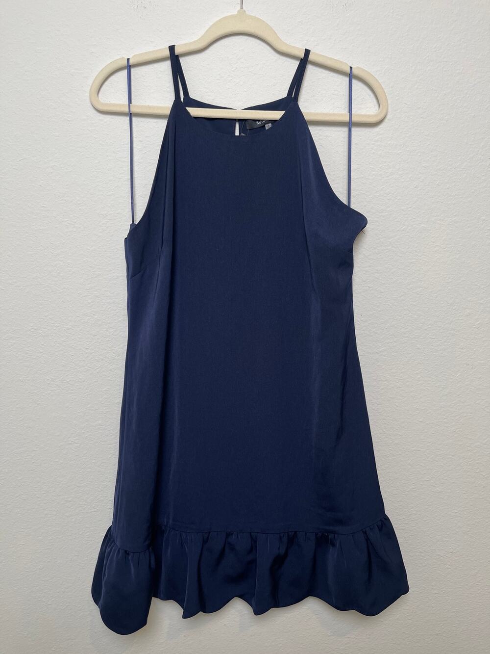 Sugar Lips Navy Halter Mini Dress Ruffle Hem Sleeveless Women’s Small NWT